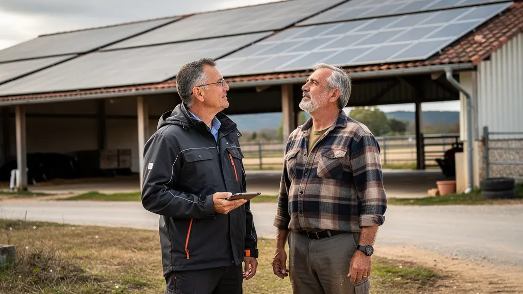Courtier en énergie solaire et exploitant agricole devant hangar équipé de panneaux photovoltaïques
