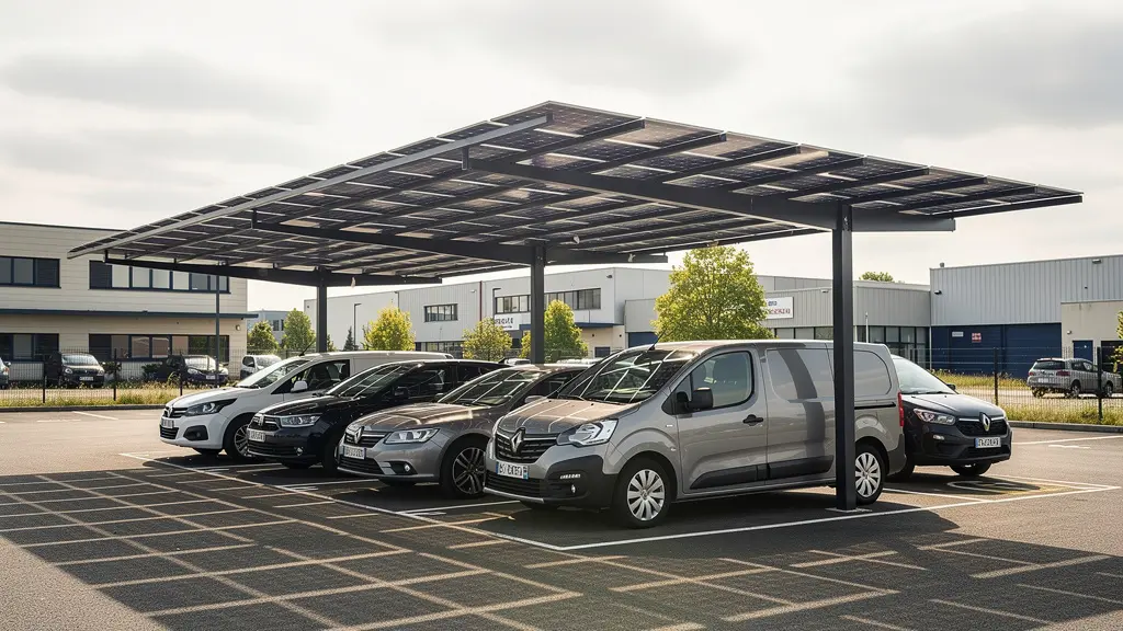 Ombrière photovoltaïque couvrant un parking professionnel avec véhicules stationnés