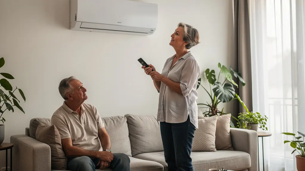Couple ajustant télécommande climatiseur réversible salon moderne