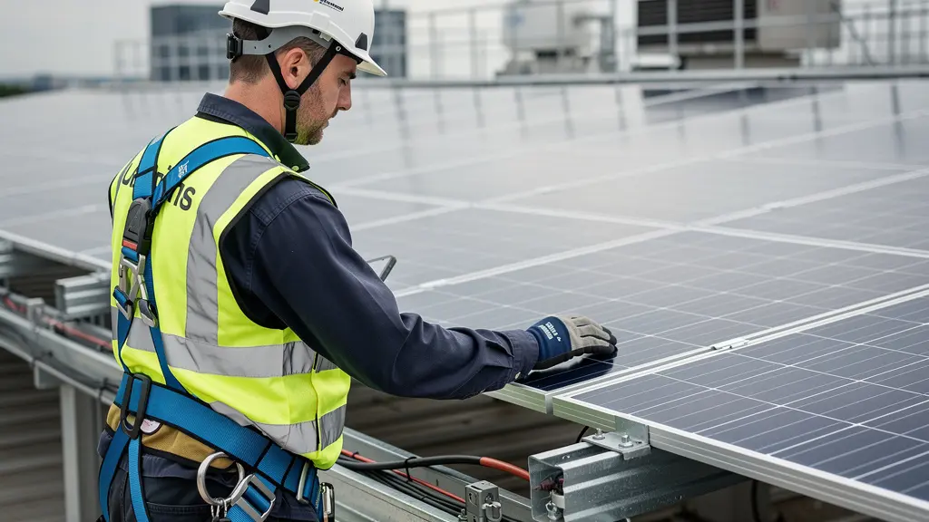 Technicien en équipement de sécurité inspectant une installation de panneaux solaires sur toiture industrielle