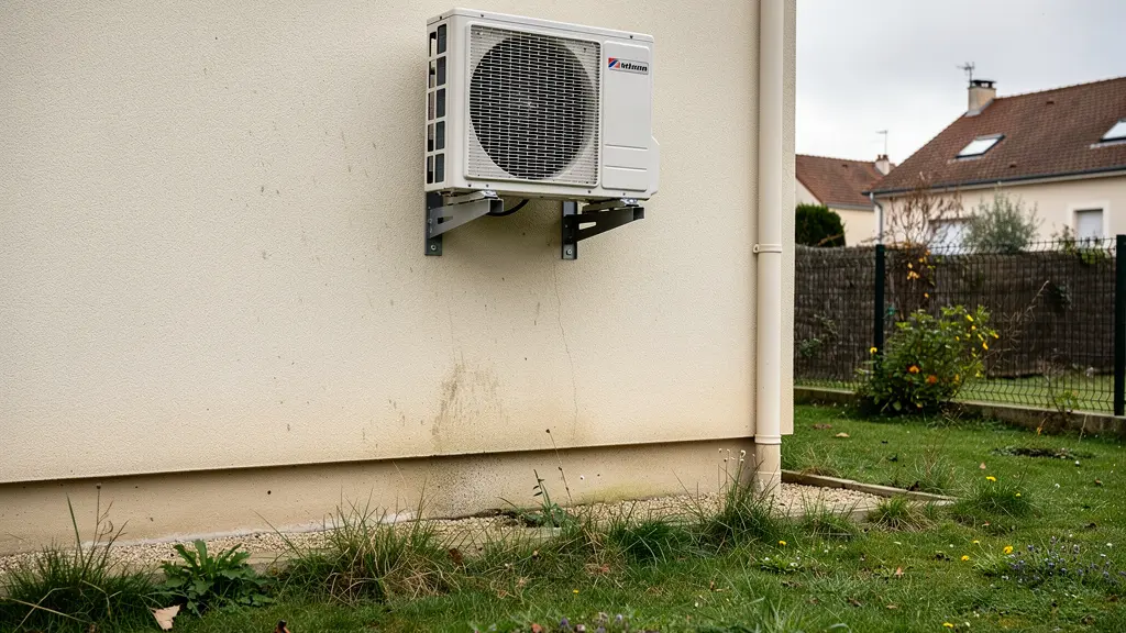 Unité extérieure pompe à chaleur installée sur mur maison française