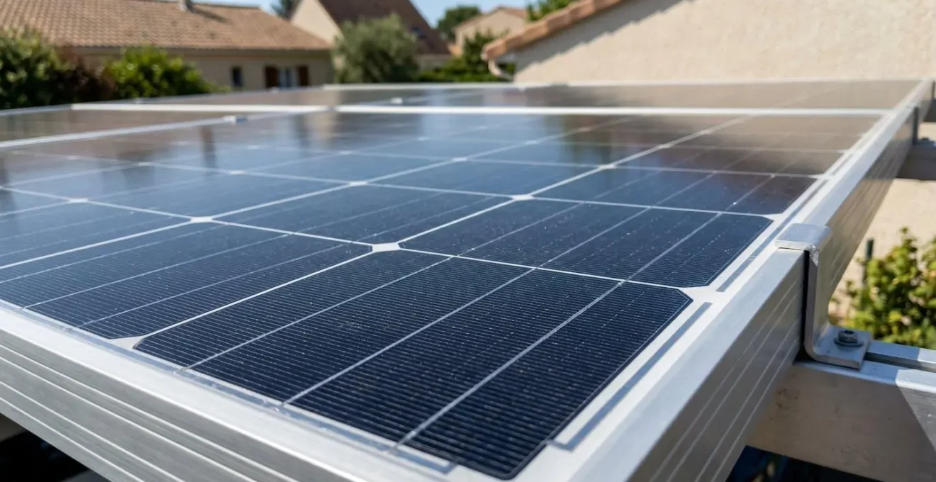 Gros plan sur la surface texturée d'un panneau photovoltaïque monté sur un carport contemporain à toit plat, cadre aluminium visible, environnement résidentiel moderne flouté en arrière-plan