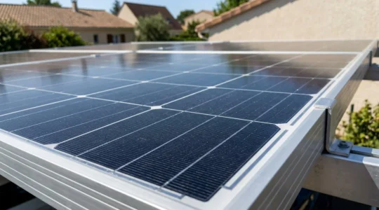 Gros plan sur la surface texturée d'un panneau photovoltaïque monté sur un carport contemporain à toit plat, cadre aluminium visible, environnement résidentiel moderne flouté en arrière-plan
