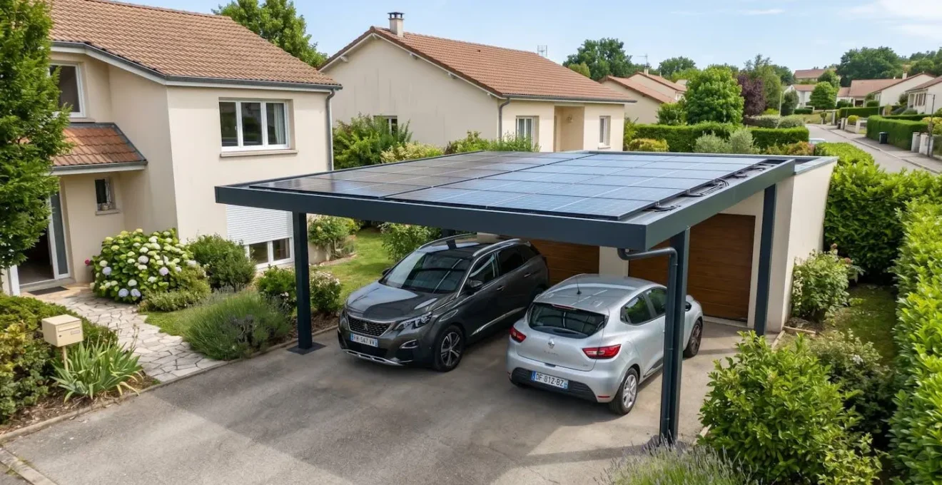 Vue grand angle d'un carport solaire moderne à toit plat abritant deux véhicules dans une allée résidentielle, structure aluminium propre avec panneaux photovoltaïques intégrés, lumière naturelle du jour, maison contemporaine visible en arrière-plan, aucune personne dans le cadre