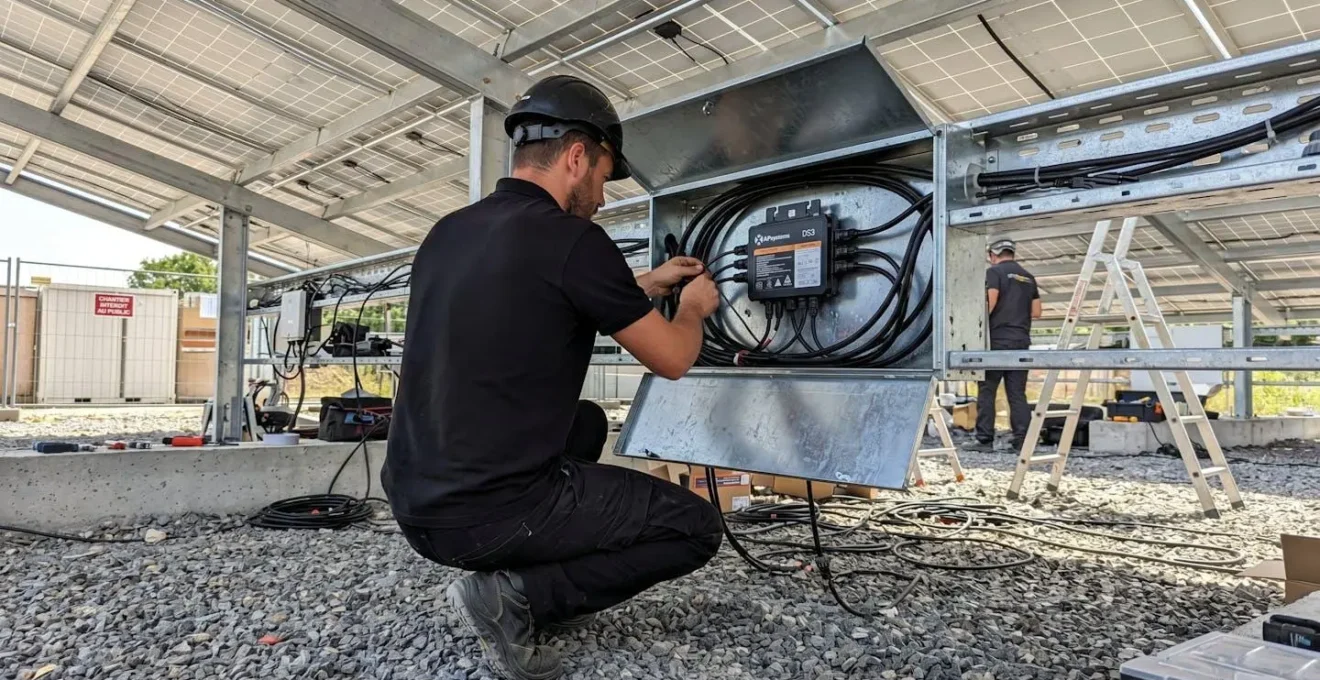 Plan moyen d'un installateur professionnel vu de dos connectant un micro-onduleur dissimulé dans le chemin de câble sous un carport solaire, mains concentrées sur l'équipement technique, moment de travail authentique, environnement d'installation propre et moderne