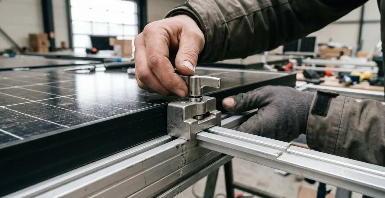 Gros plan extrême sur le système de fixation SimplyFix avec mécanisme de verrouillage par quart de tour, mains d'installateur (visage non visible) manipulant la pièce métallique, structure aluminium du carport floutée en arrière-plan, focus net sur le détail de la fixation