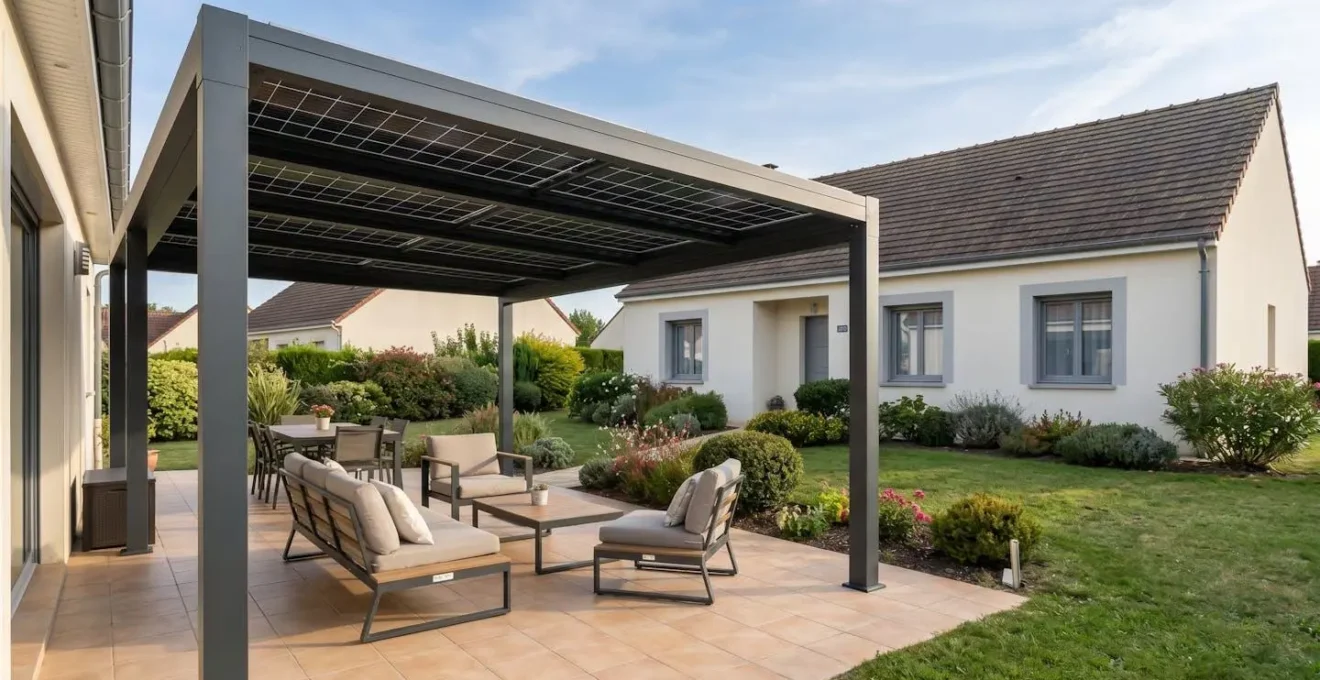 Auvent photovoltaïque moderne en aluminium installé sur terrasse de maison individuelle française, panneaux solaires intégrés dans la structure, salon de jardin en dessous, jardin paysagé en arrière-plan
