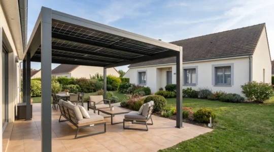 Auvent photovoltaïque moderne en aluminium installé sur terrasse de maison individuelle française, panneaux solaires intégrés dans la structure, salon de jardin en dessous, jardin paysagé en arrière-plan