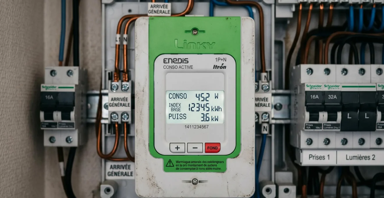 Compteur électrique intelligent Linky installé dans tableau électrique résidentiel, affichage digital de la consommation en temps réel