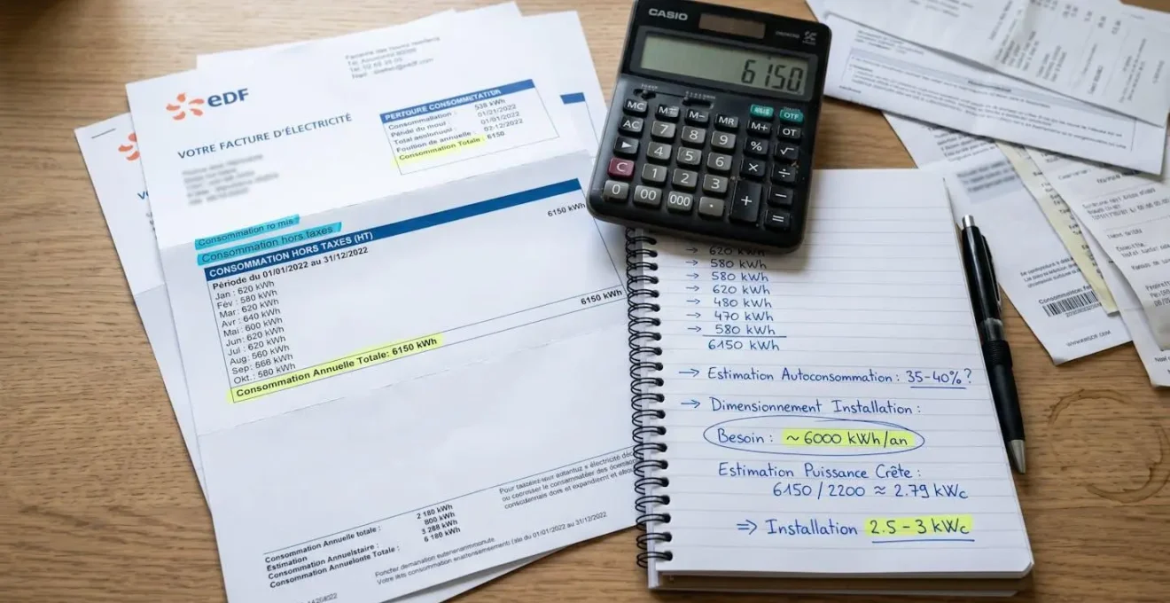 Factures d'électricité résidentielles étalées sur bureau avec calculatrice et notes manuscrites de calcul de consommation annuelle en kWh, facture EDF typique française visible avec données de consommation surlignées