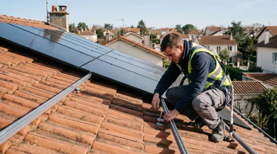 Installateur fixant des panneaux solaires sur une toiture en tuiles inclinée d'environ 30 degrés dans un quartier pavillonnaire français.